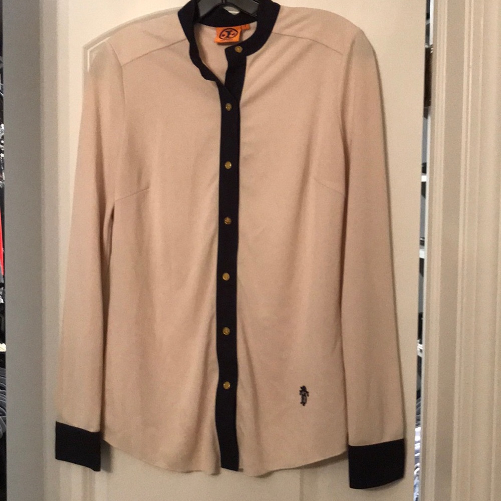Tory Burch cream and navy trim blouse